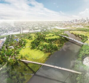 rendering showing pedestrian bridges spanning the Buffalo Bayou Park in Houston