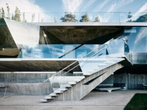 back of Lautner house with glass railings