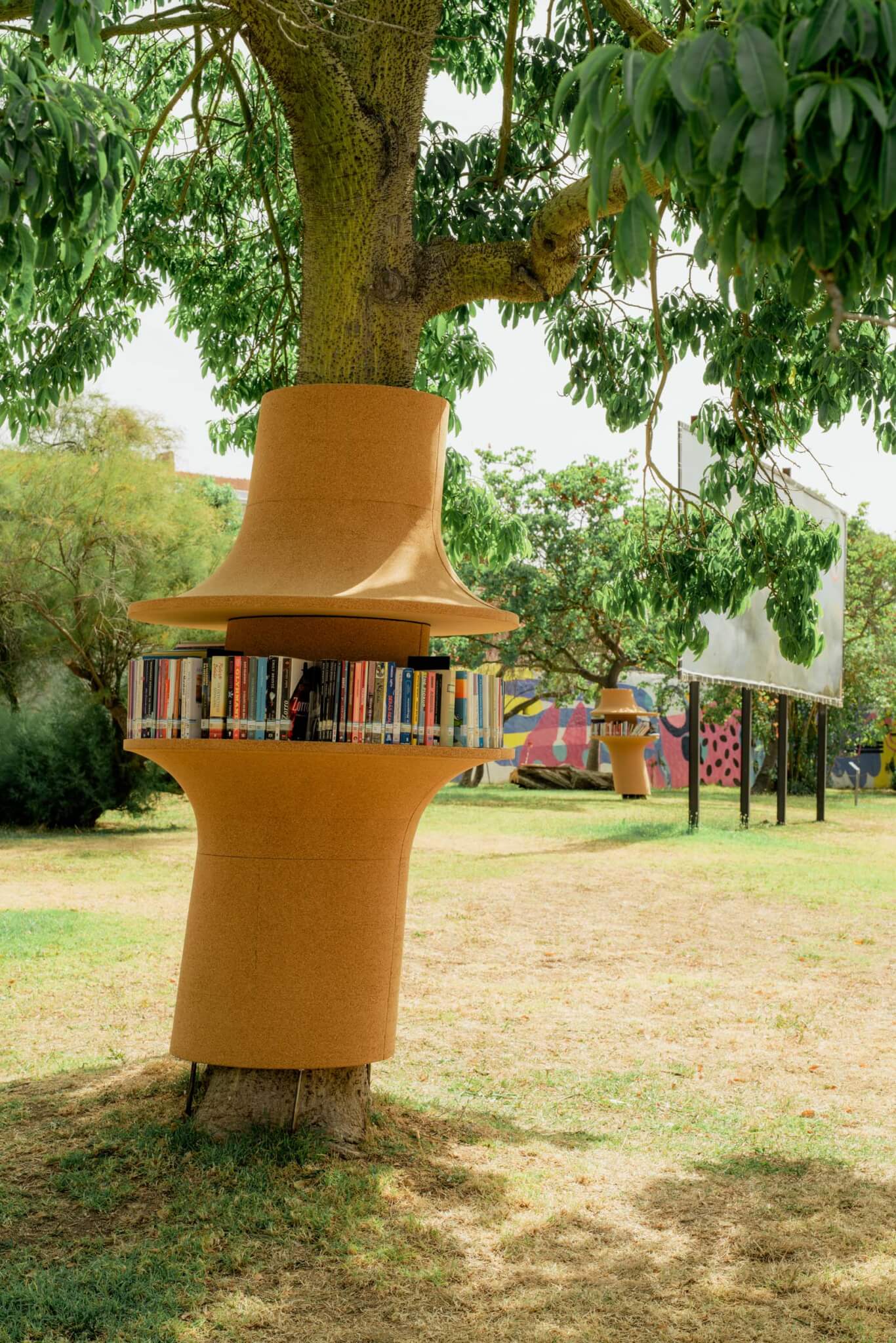 cork bookshelf surrounding a tree