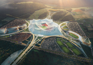 aerial view of Morocco soccer stadium by Oualalou + Choi and Populous