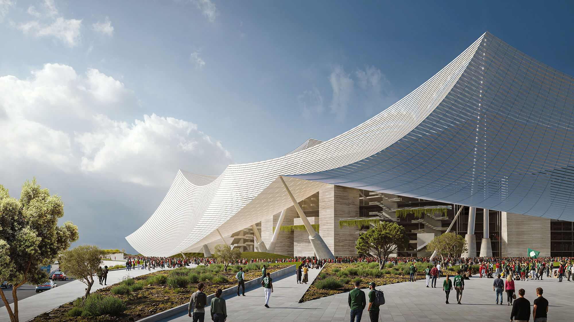 view of Morocco soccer stadium showing roof and the entry approach up to the building 