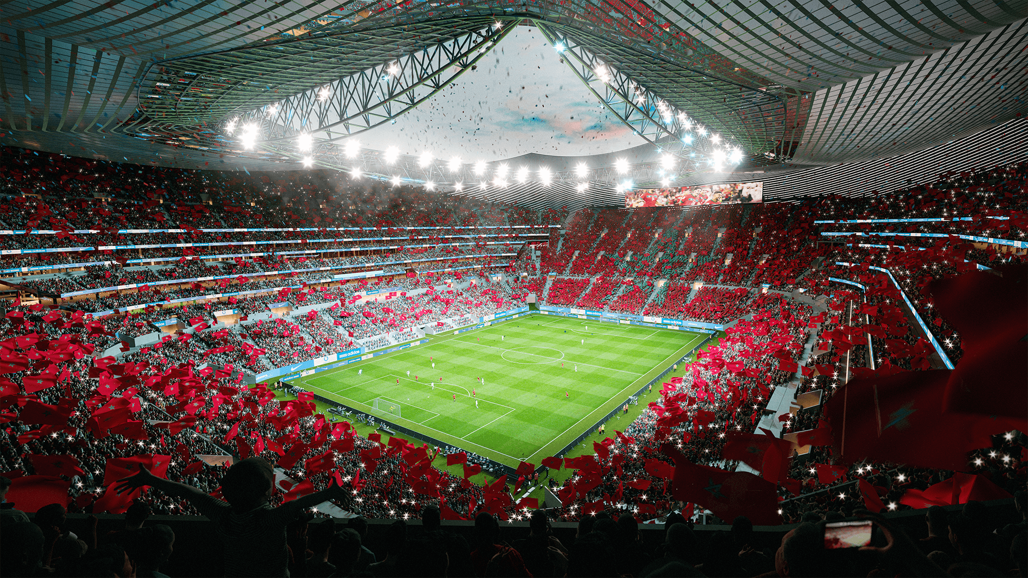 interior view of Morocco soccer stadium showing the soccer field