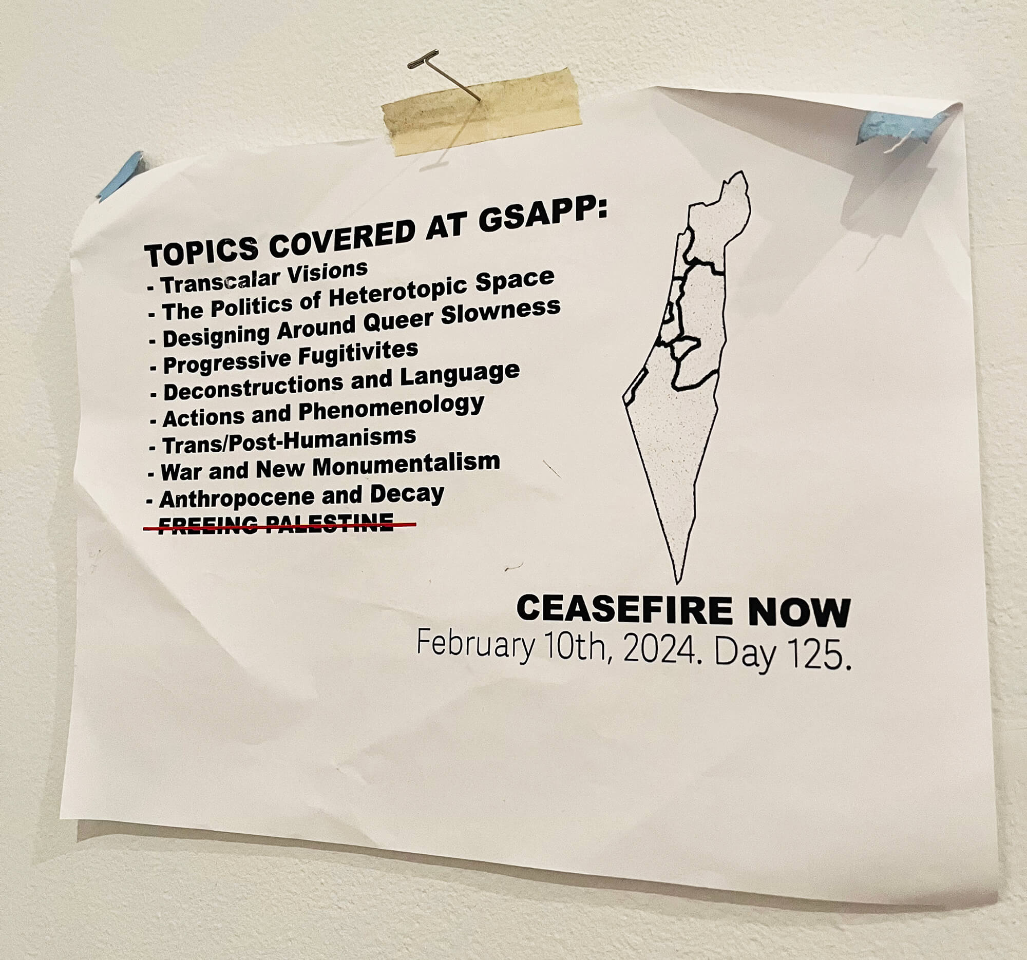 close-up of paper listing topics covered at GSAPP