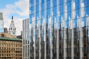 a close-up of the glass panels on the facade of the Jefferson Health Honickman Center in Philadelphia by Ennead