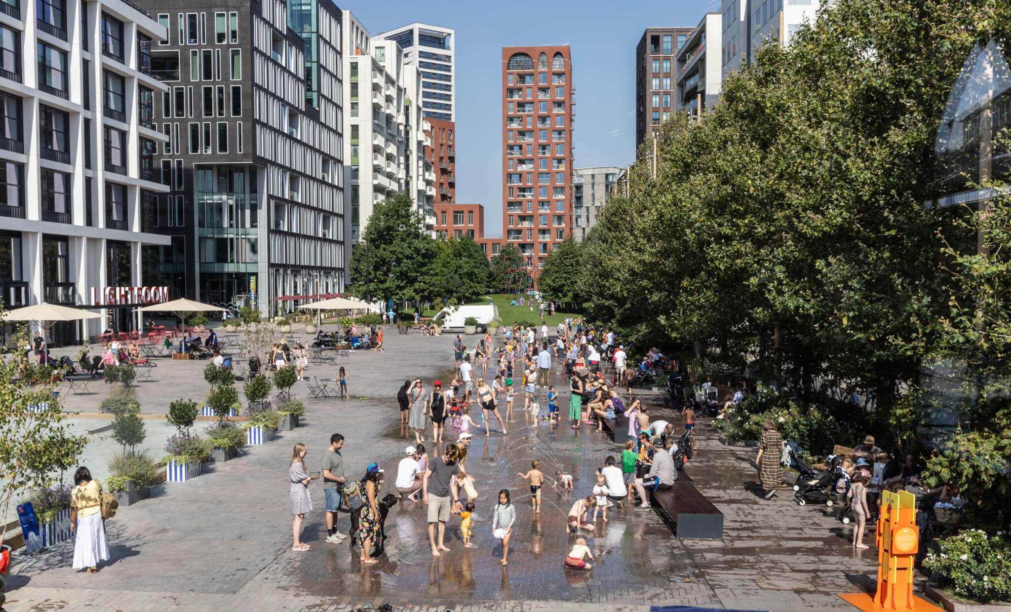 Children playing in the fountains of Lewis Cubitt Square, King's Cross