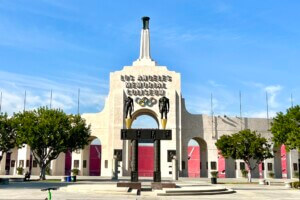 Front view of the L.A. Memorial Coliseum, a facility that will be reused for the 2028 Los Angeles Olympics