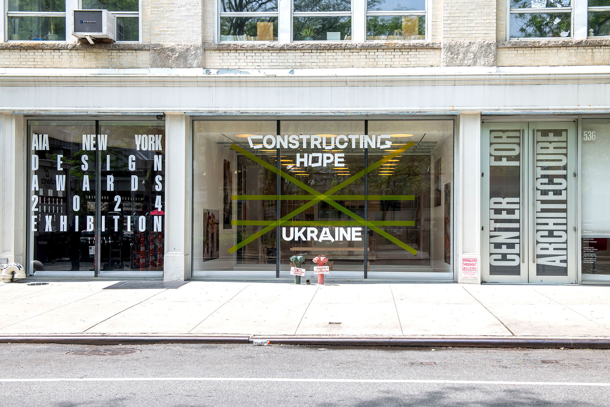 exterior view of Center for Architecture highlighting exhibition Constructing Hope: Ukraine