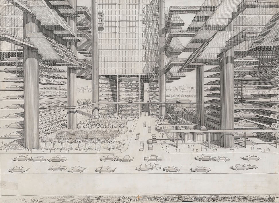 Perspectival drawings by Paul Rudolph of his unbuilt scheme for the Lower Manhattan Expressway