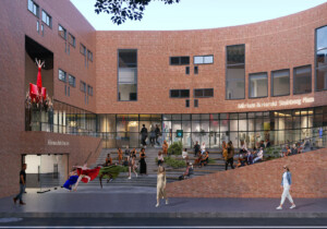 rendering of the Abrons Art Center renovation showing brick facade and new updated entrance