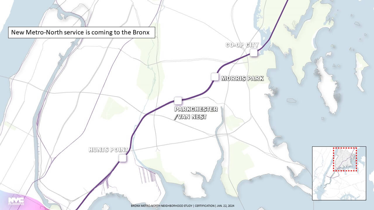 a map showing the locations of Metro-North stations coming to the Bronx