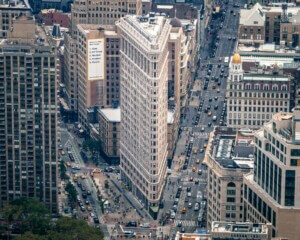 aerial view of the Flatiron Building and surrounding neighborhood