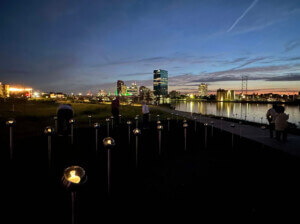 glowing orbs by Bryony Roberts installed in the Glass City Metropark in Toledo, Ohio