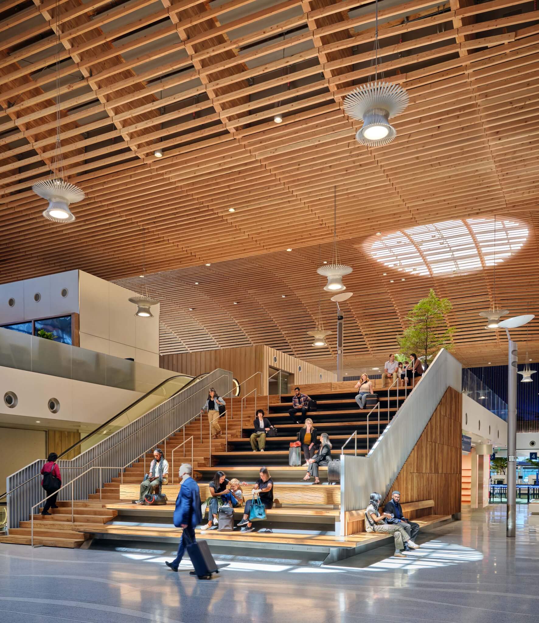 a large staircase made of mass timber