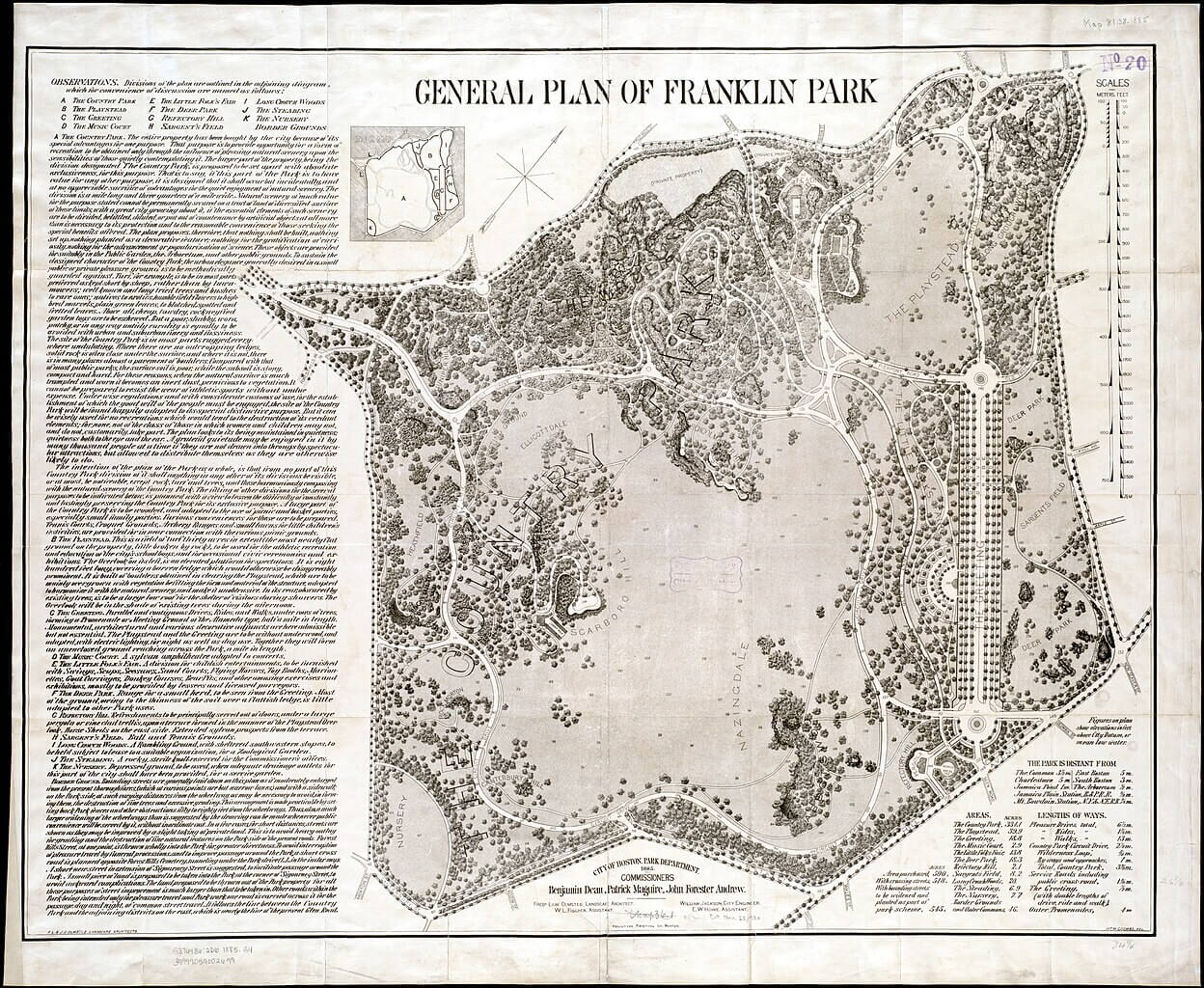 a map of Franklin Park drafted by Frederick Law Olmsted