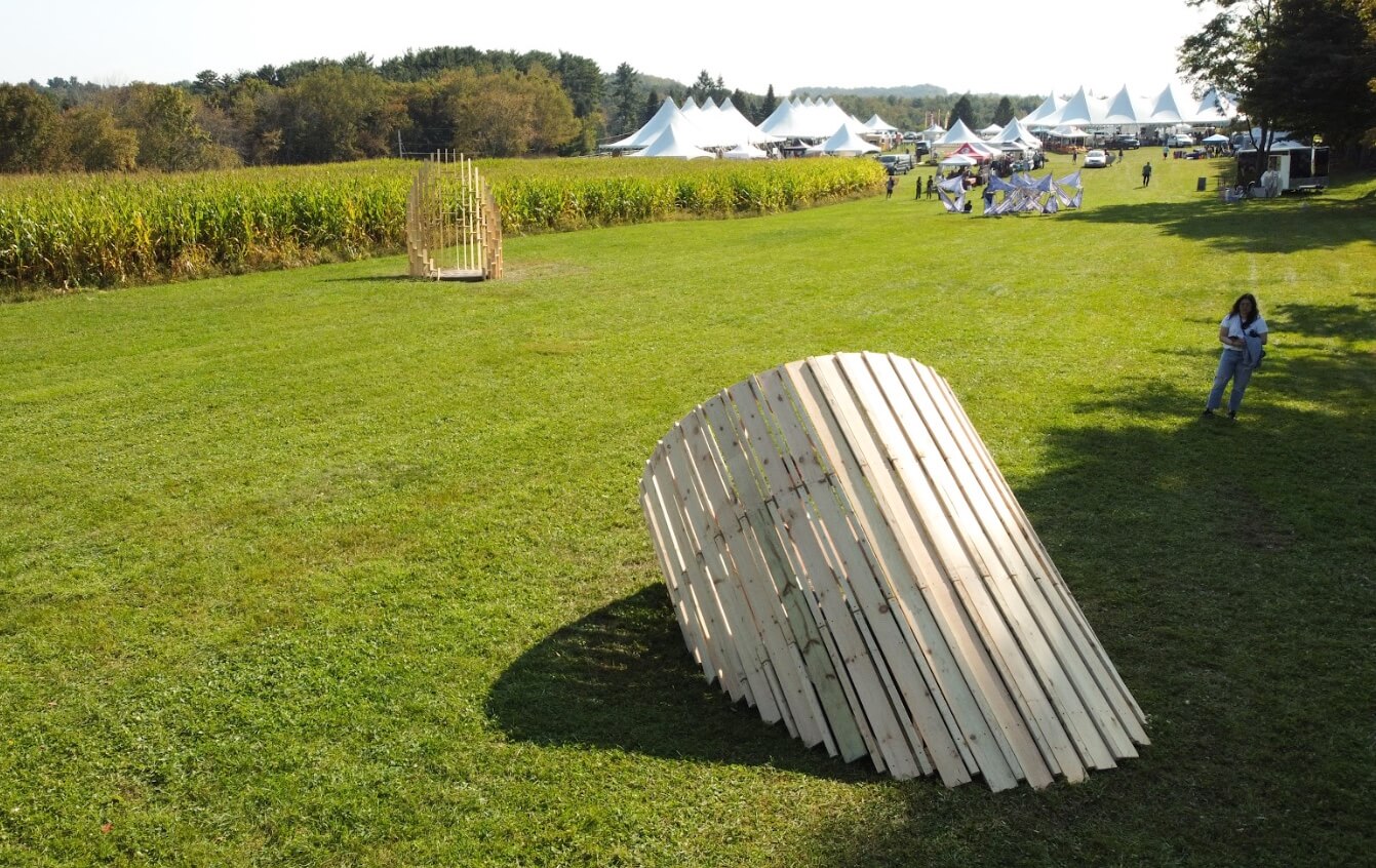 cylindrical wood structures at the Bethel Woods Art and Architecture Festival