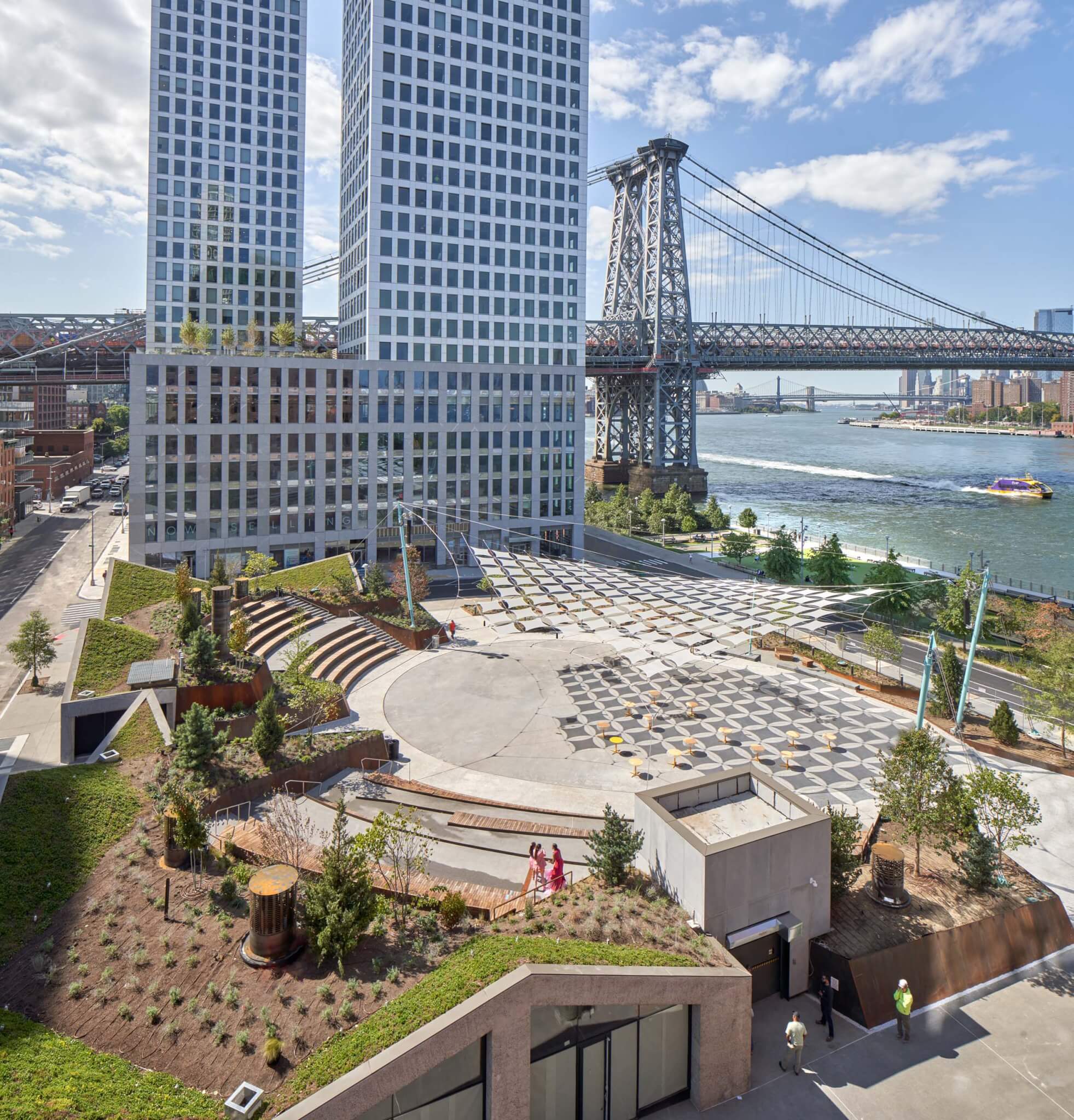 Aerial view of Domino Square with Williamsburg Bridge