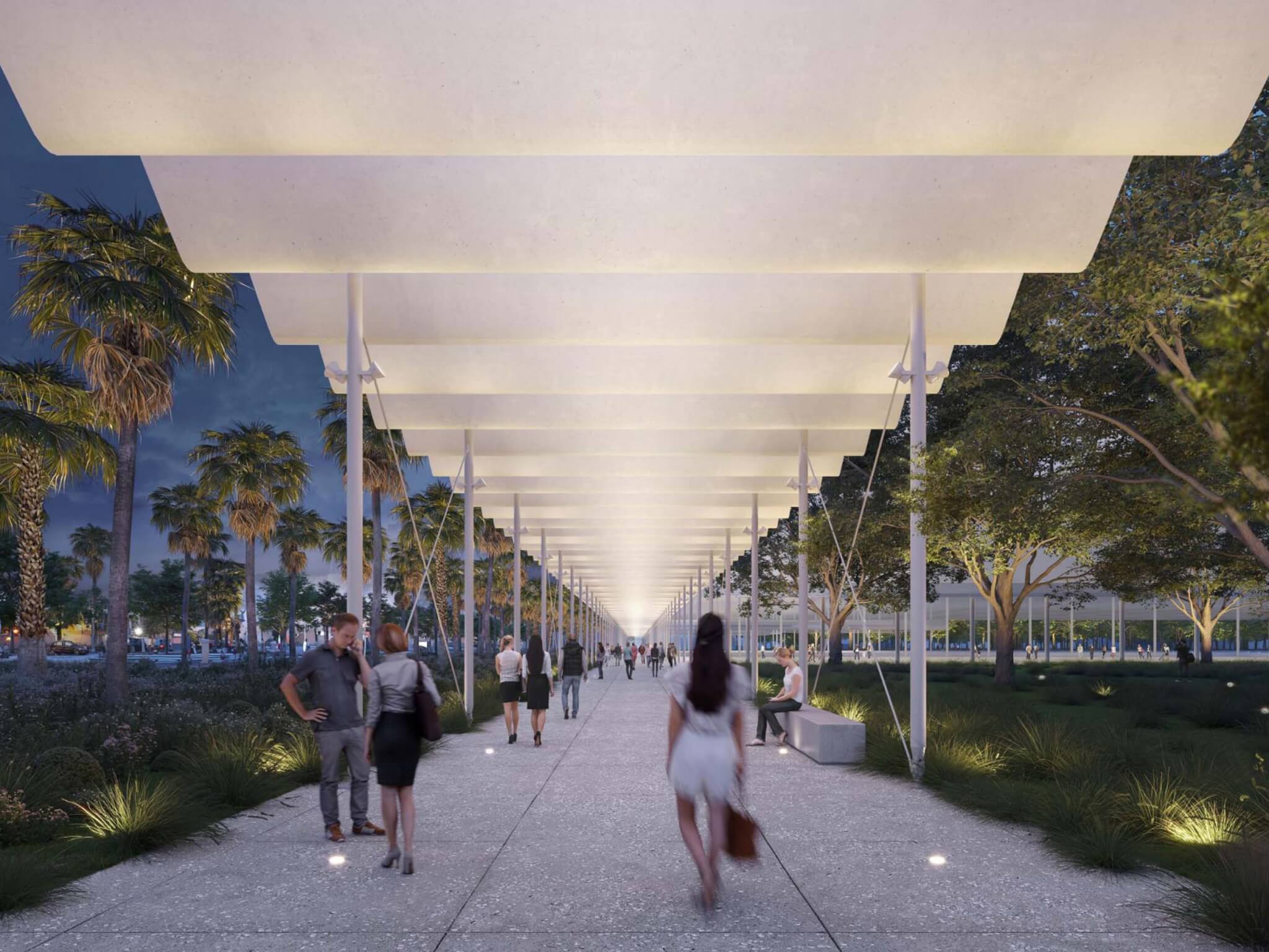 shaded walkway at night along Tamiami Trail