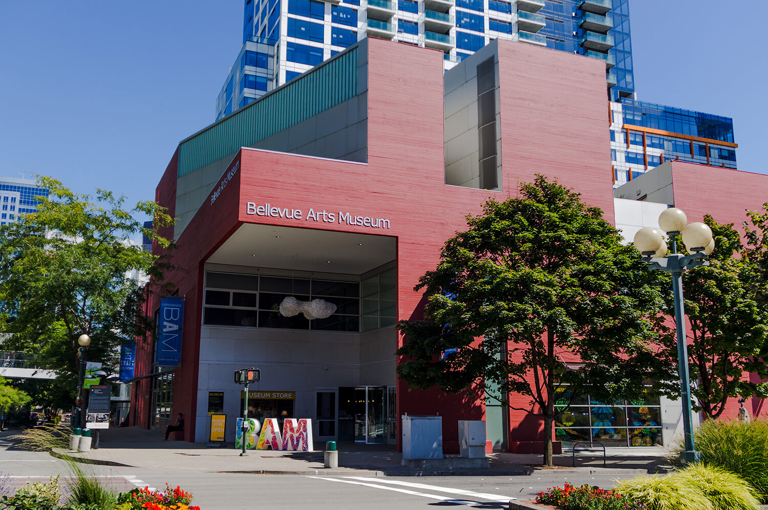 exterior image of bellevue arts museum showing red facade