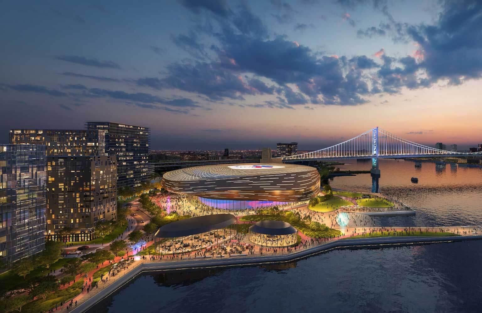 Conceptual rendering of a new 76ers’ stadium on the Camden waterfront