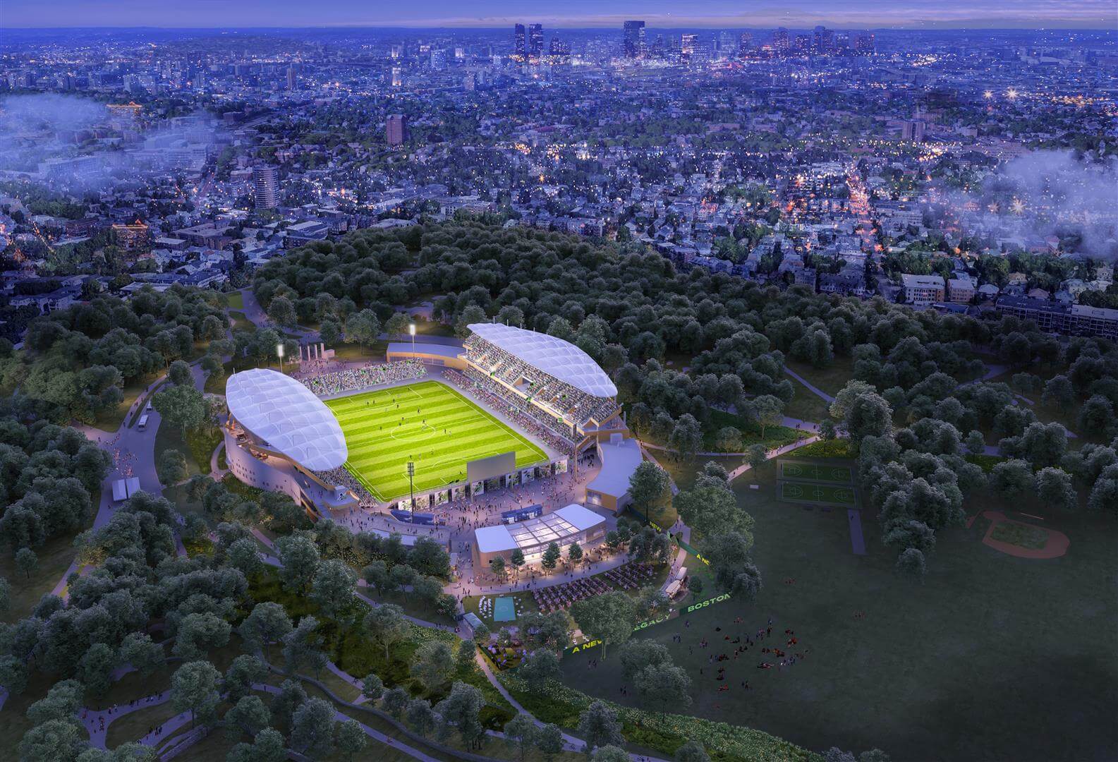 an aerial rendering of the proposed White Stadium depicting nighttime