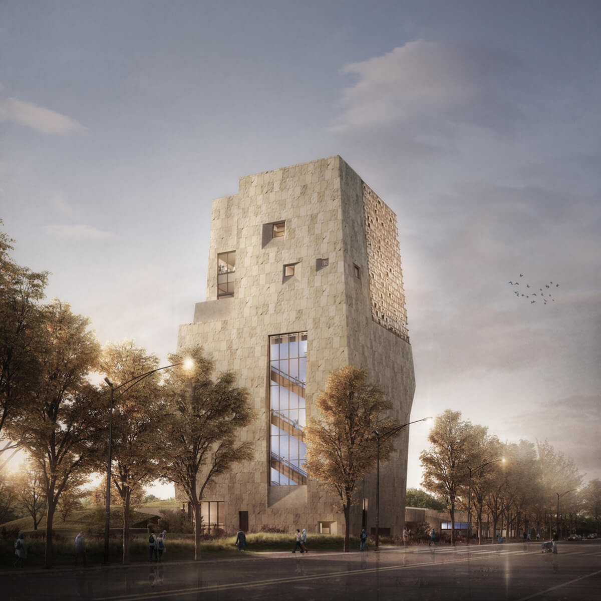 rendering of the Obama Presidential Center, a case study at Facades+ Chicago