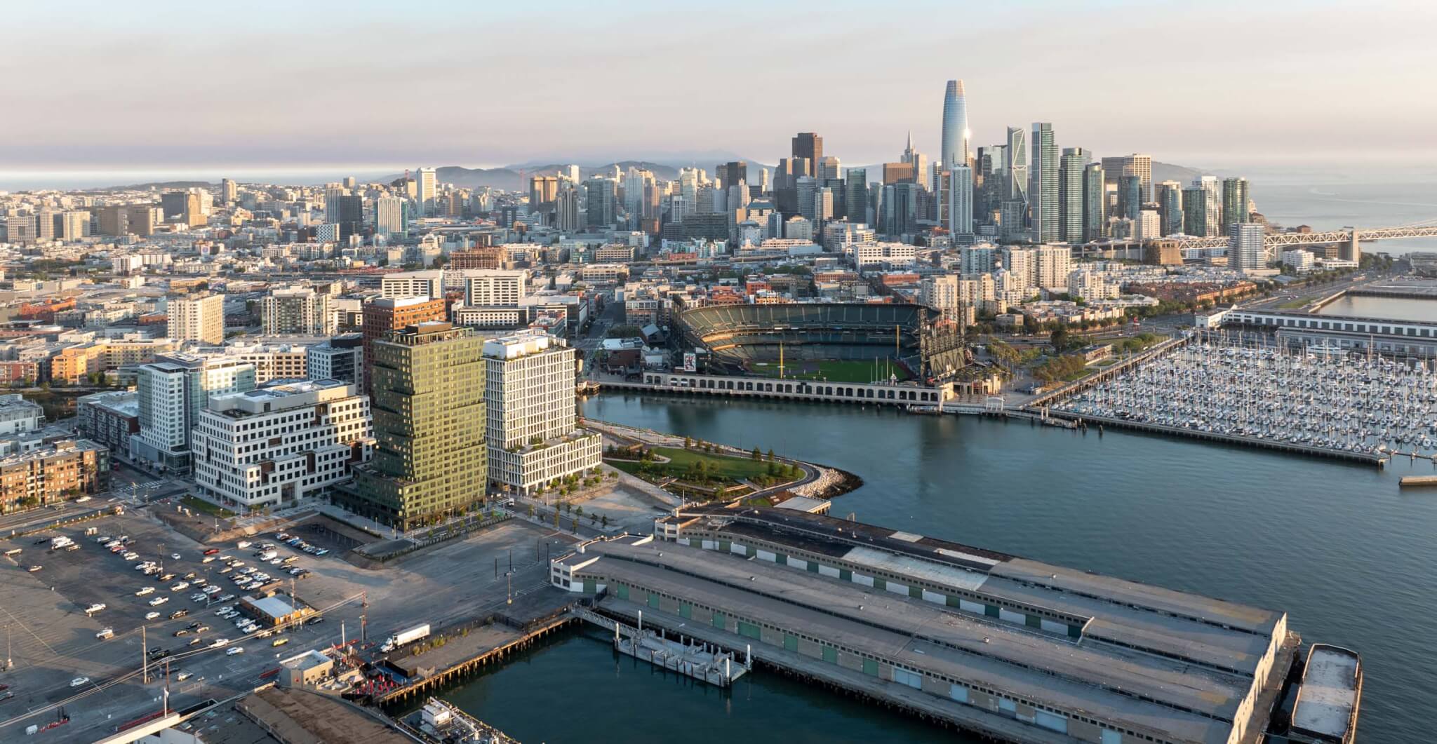 Aerial view of Mission Rock with Oracle Park in view