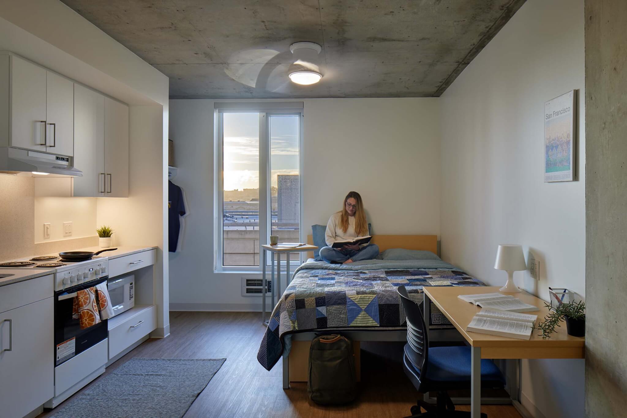 the dorm rooms are mostly studios with a small kitchen and closet and space for a bed and desk