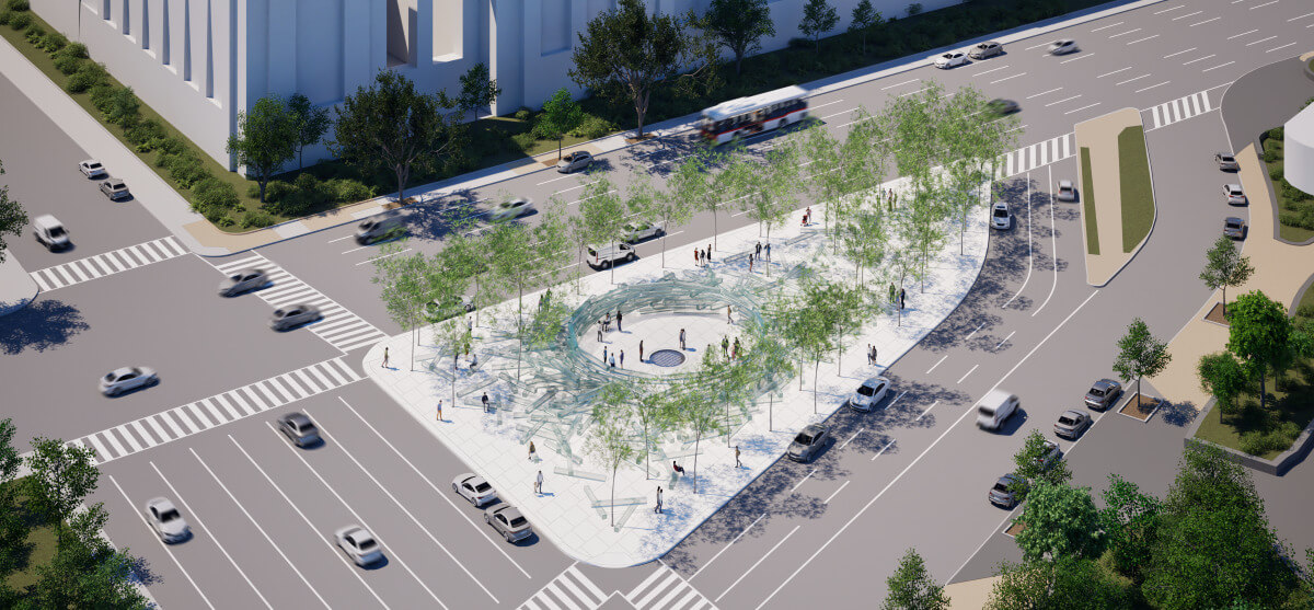 an aerial view of the The Fallen Journalists Memorial in Washington, D.C.