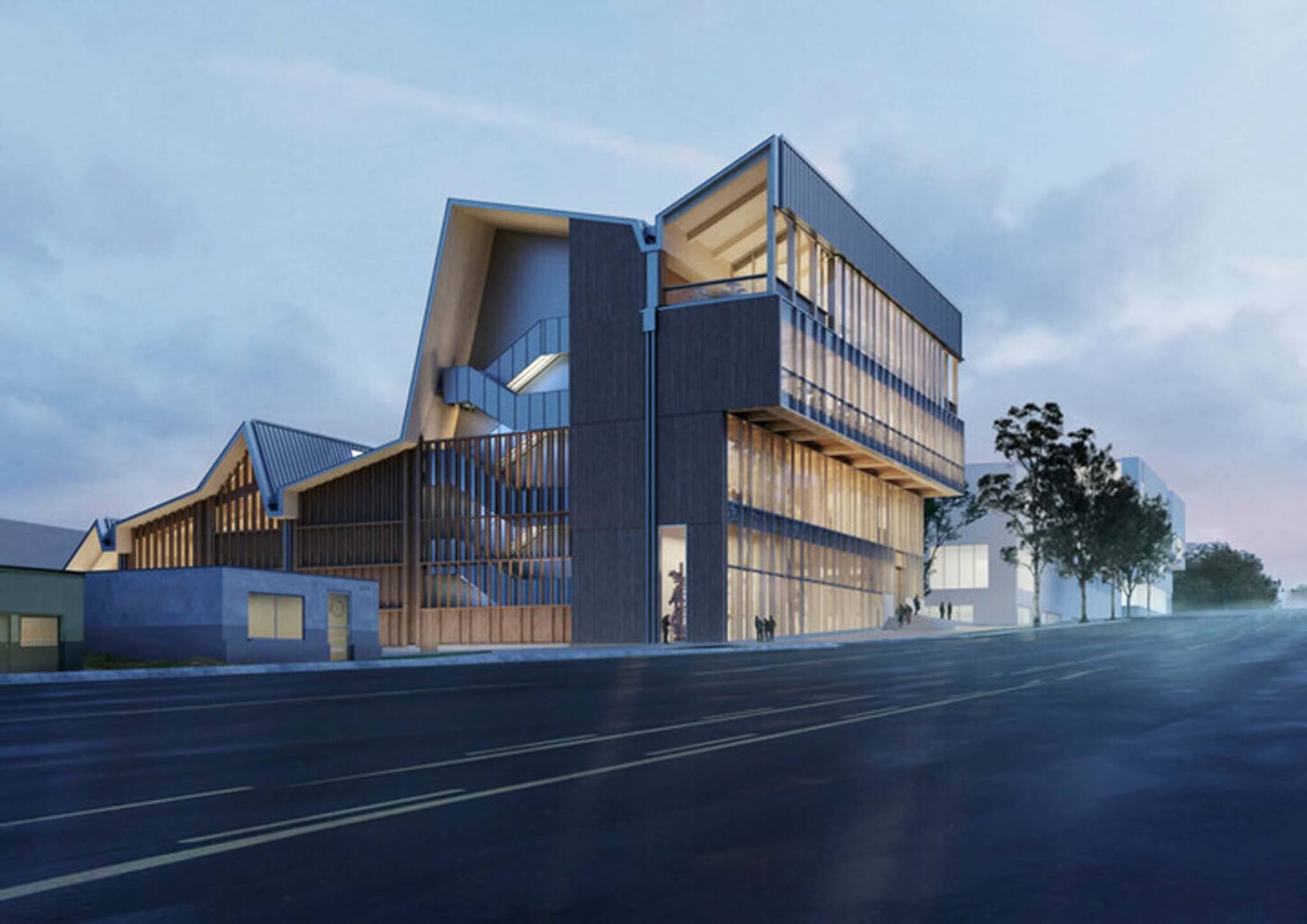 A finalized rendering of the Anthony Timberlands Center by Grafton Architects