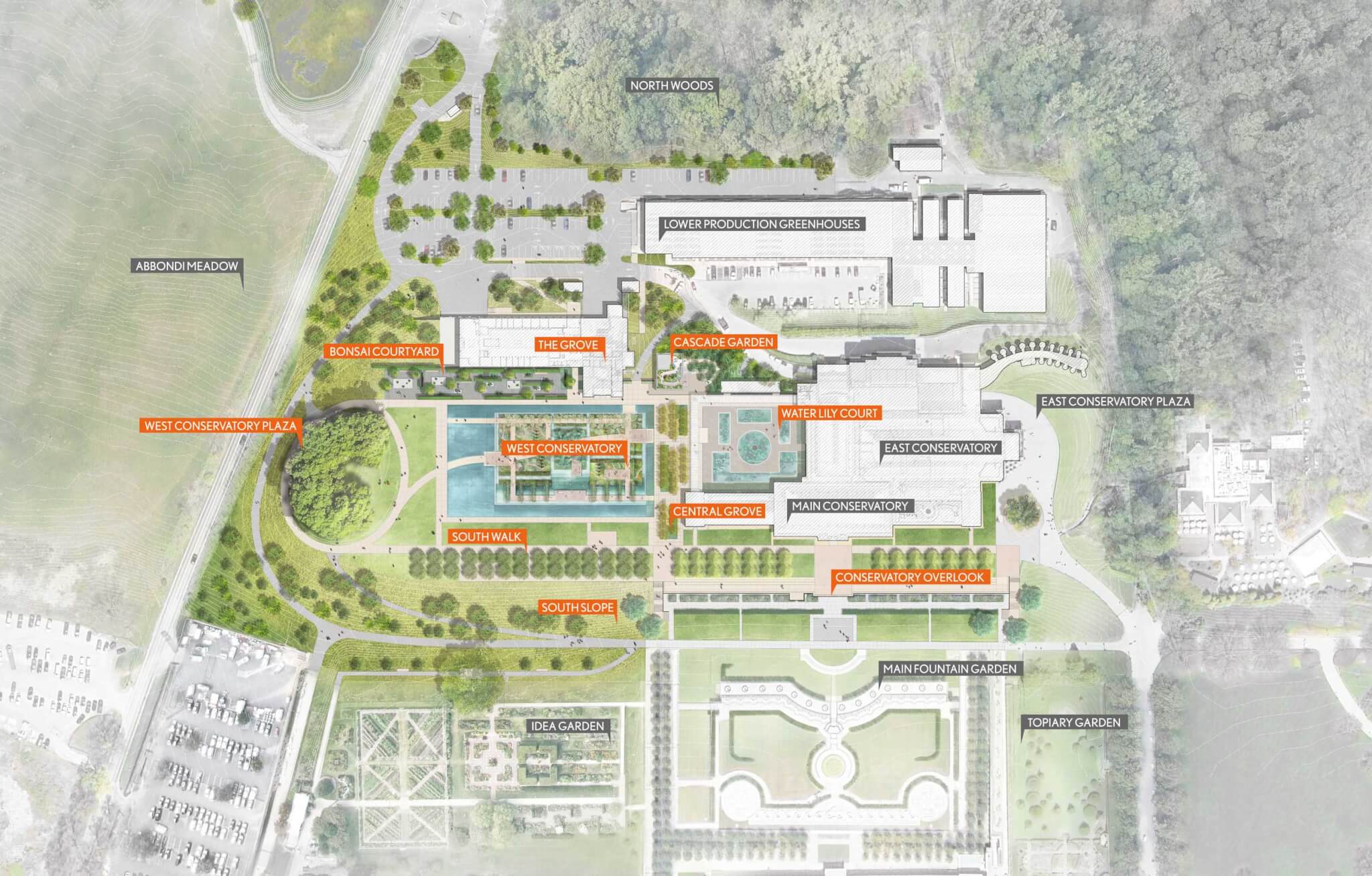 aerial site plan with labels of Longwood Gardens