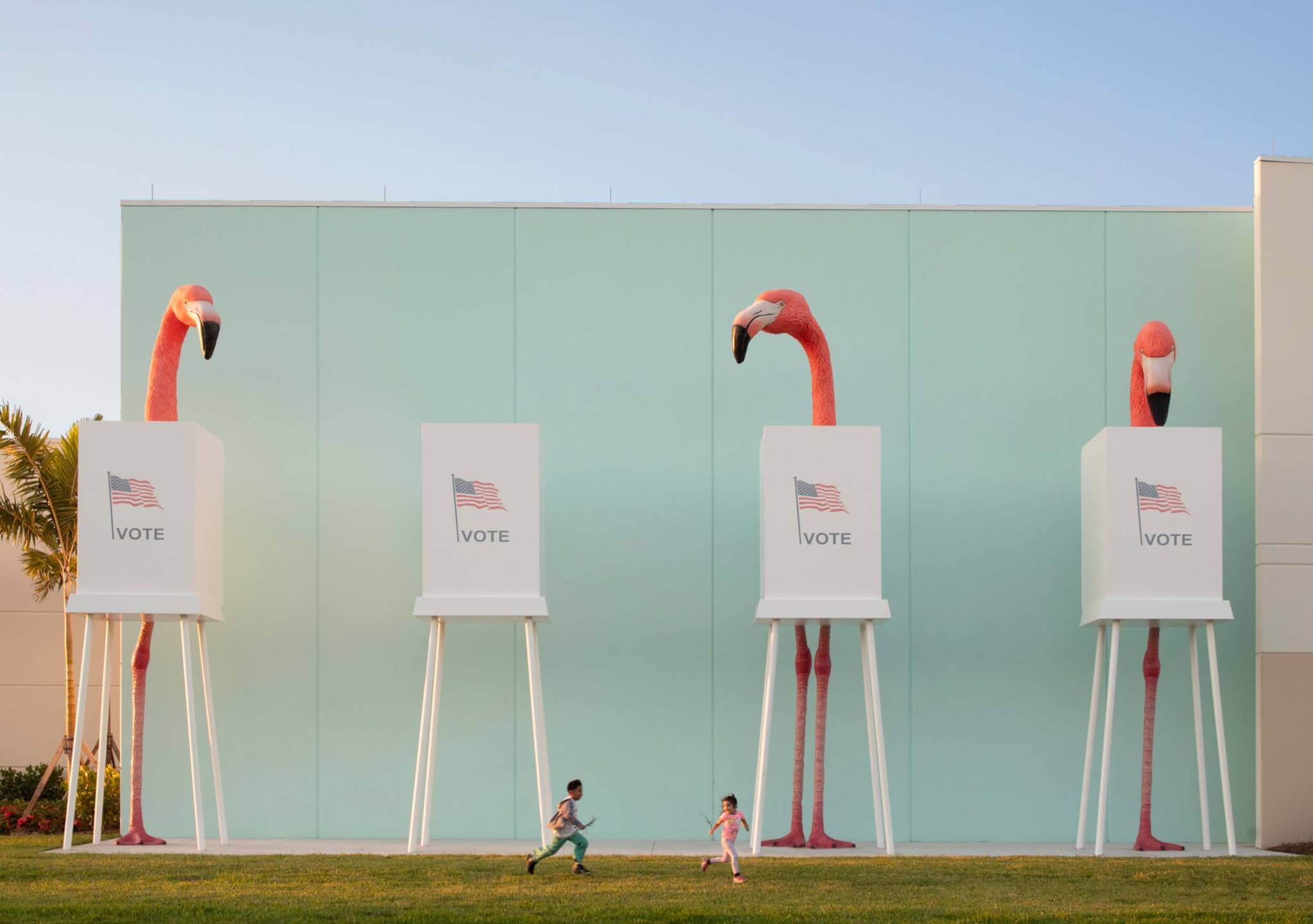 flamingo sculptures stand behind voting booths