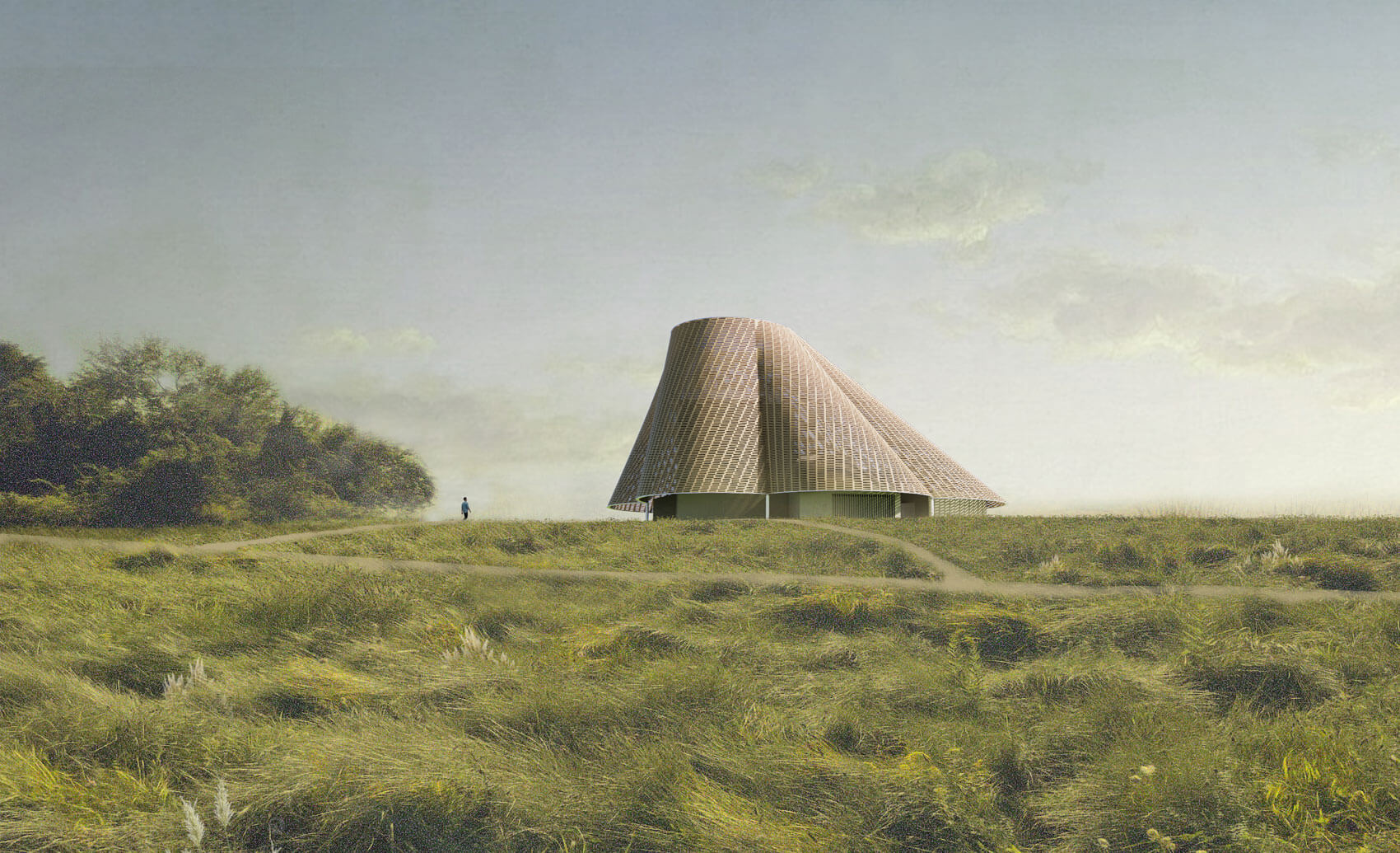 rendering of pavilion for Art Omi by SO – IL set in a grassy landscape