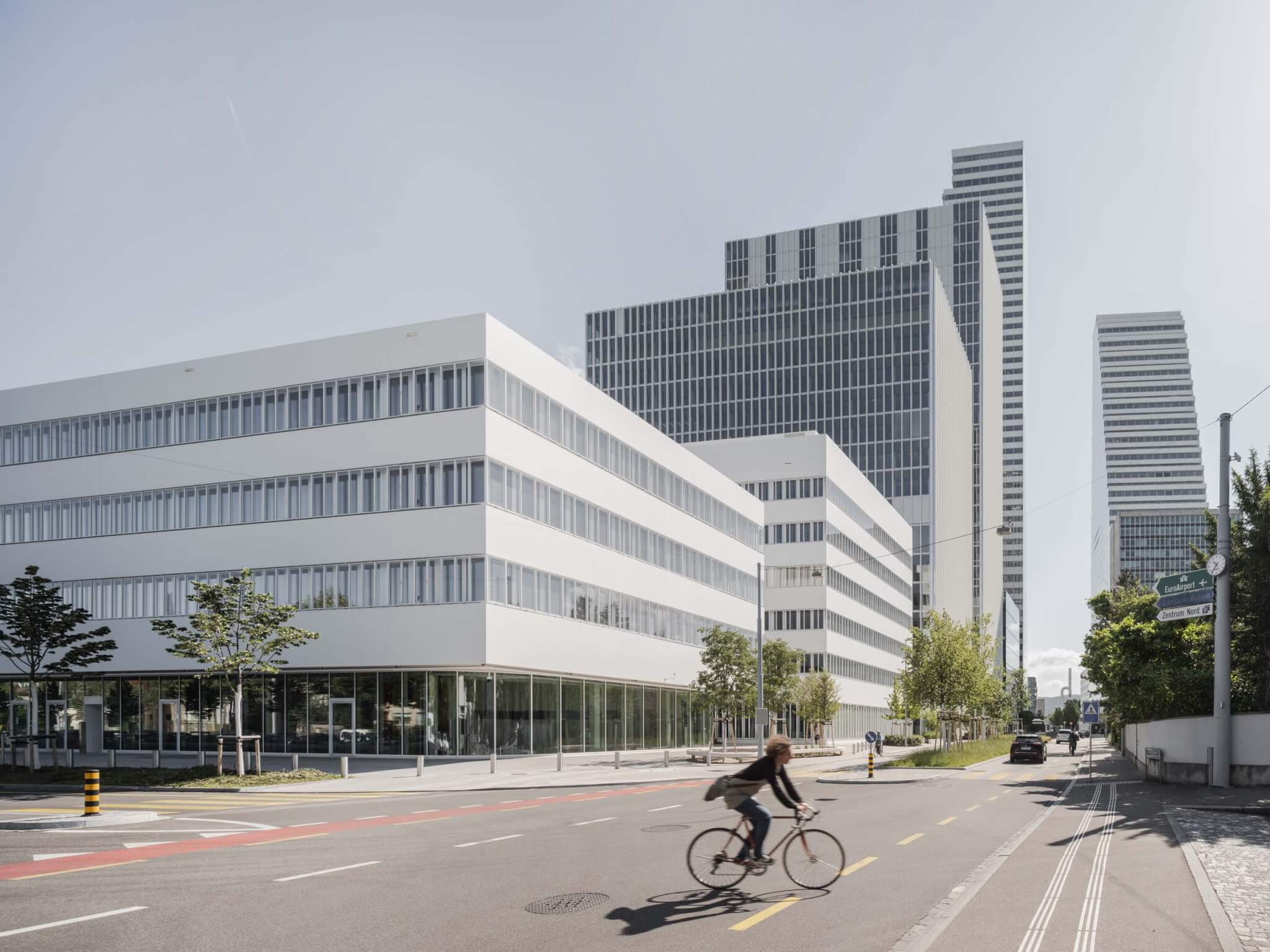 view of the Roche campus buildings designed by Herzog & de Meuron 