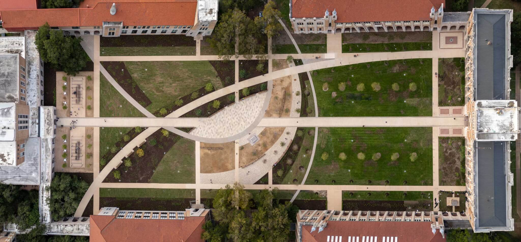 Aerial view of the newly remodeled Rice University Quad by Nelson Byrd Woltz