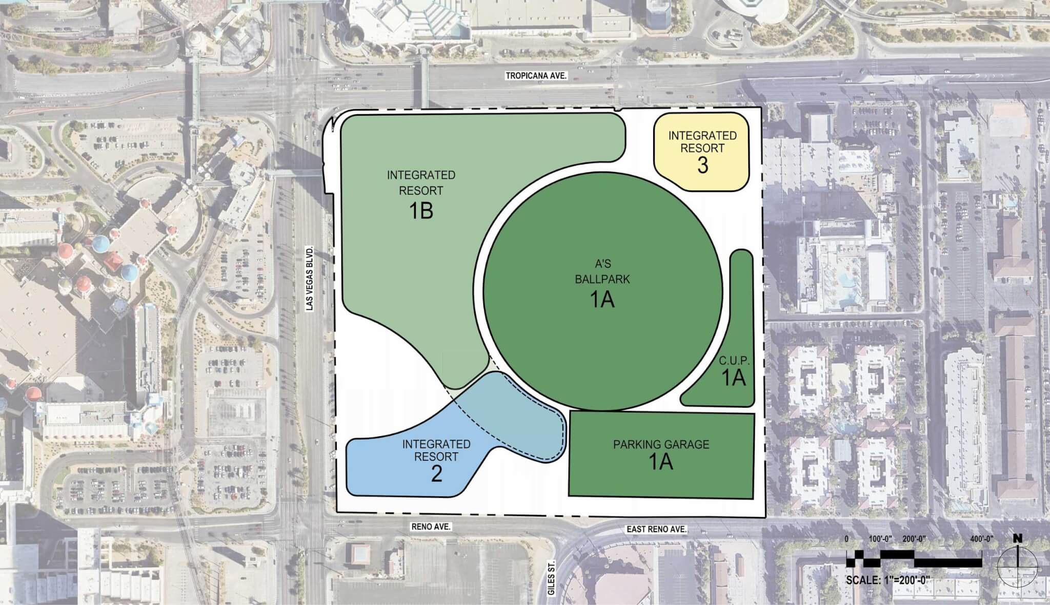 an aerial view plan of the three phases for Bally's casinos and hotels around the new Oakland A's stadium