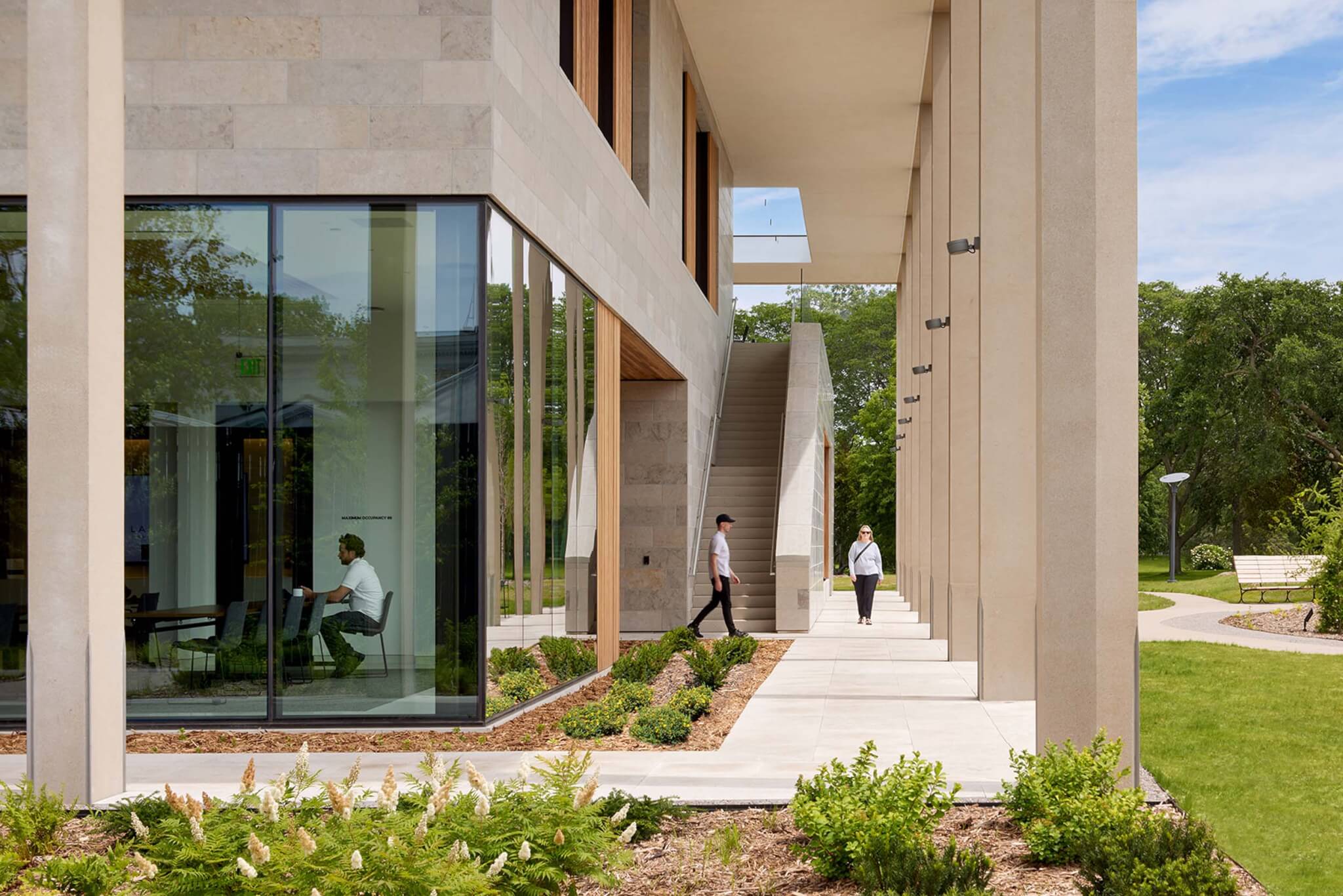 exterior walkway between building and green space