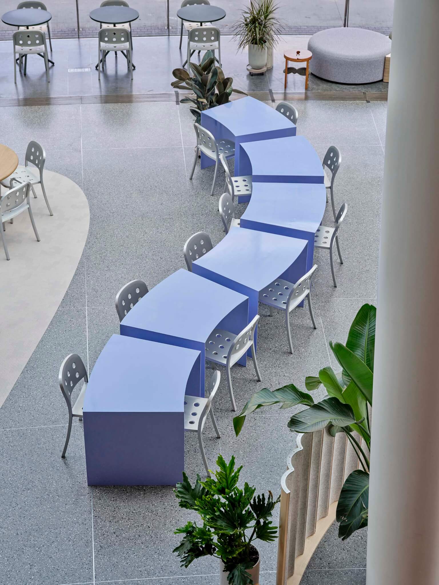 aerial view of blue tables