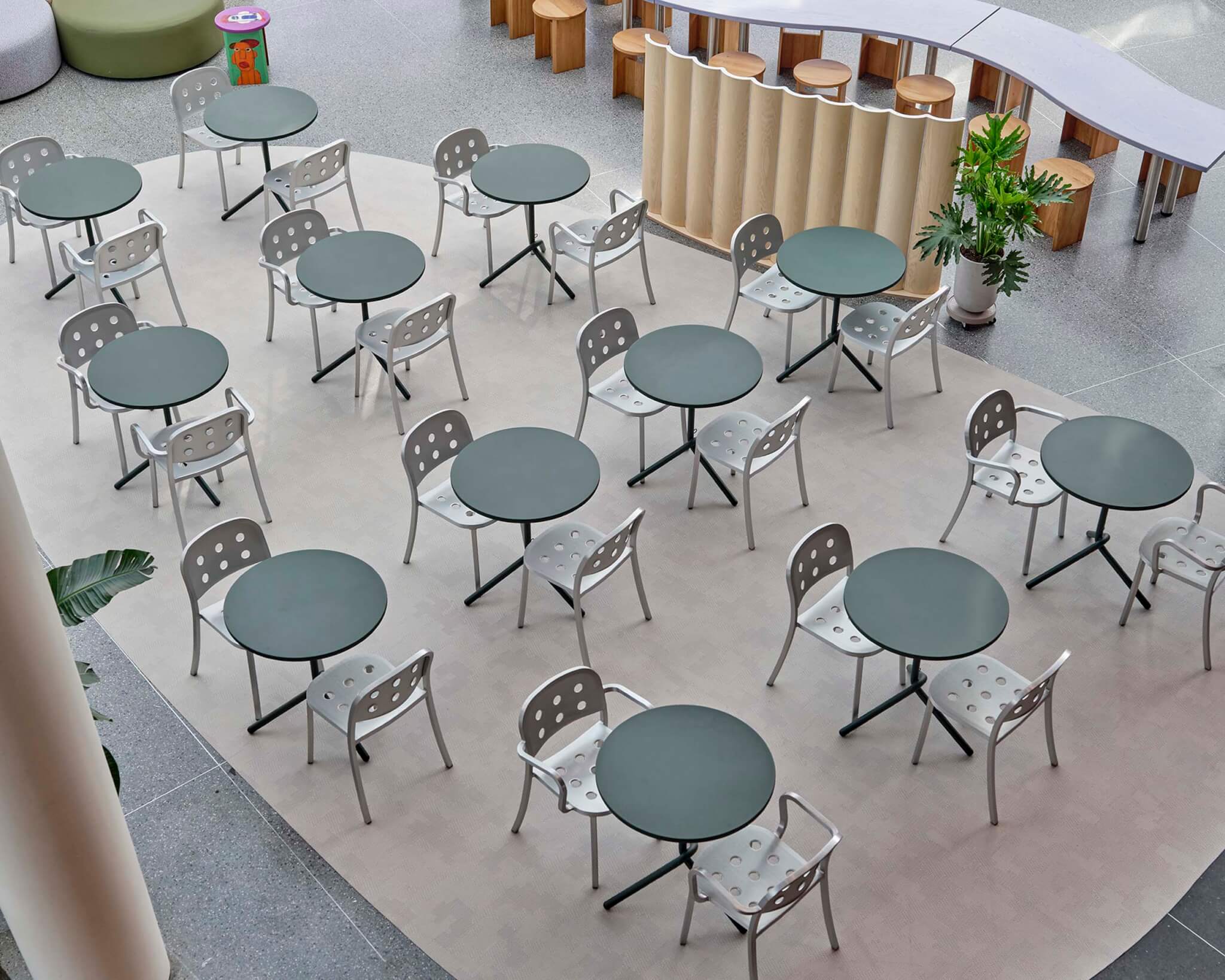 aerial view of circular tables and chairs