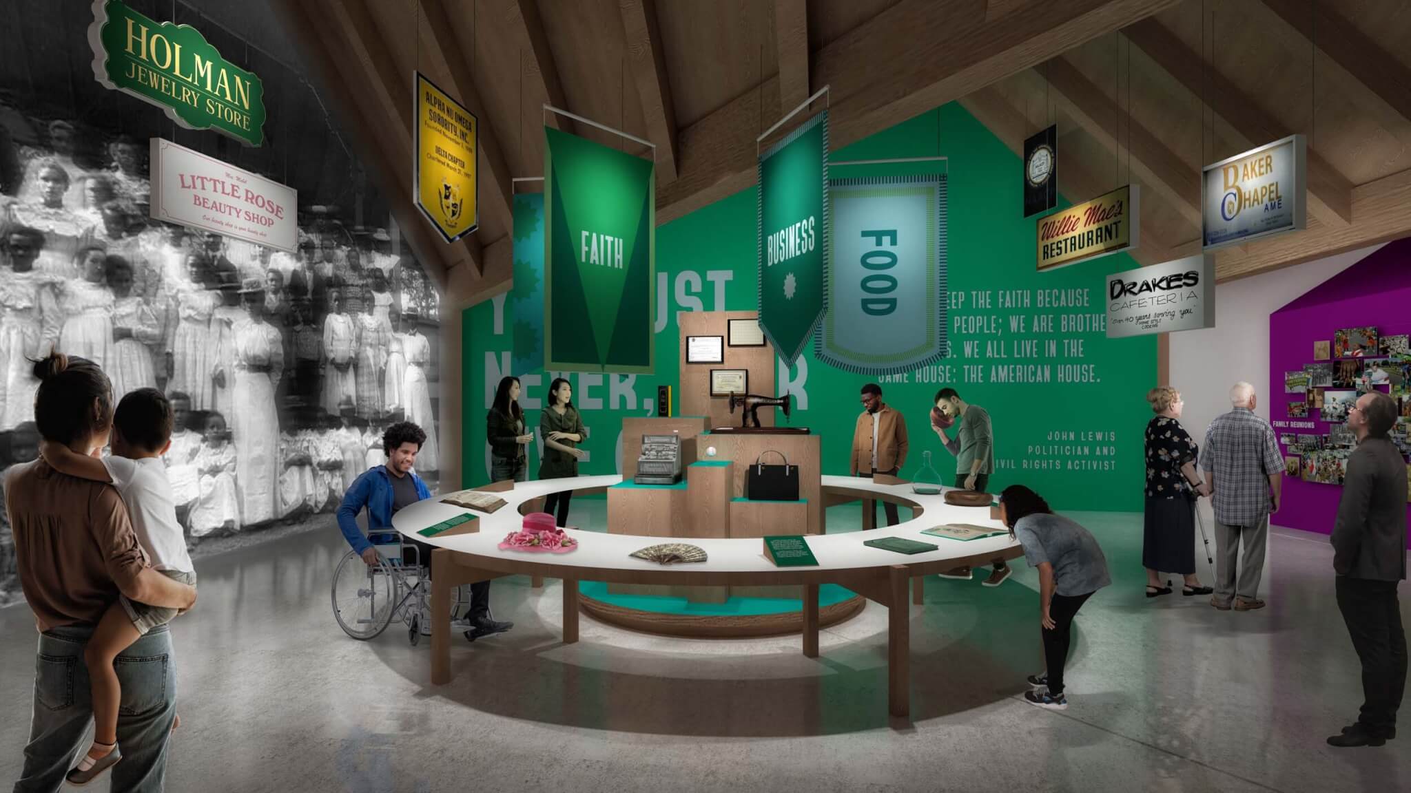 Rendering of "Building Community" exhibition space