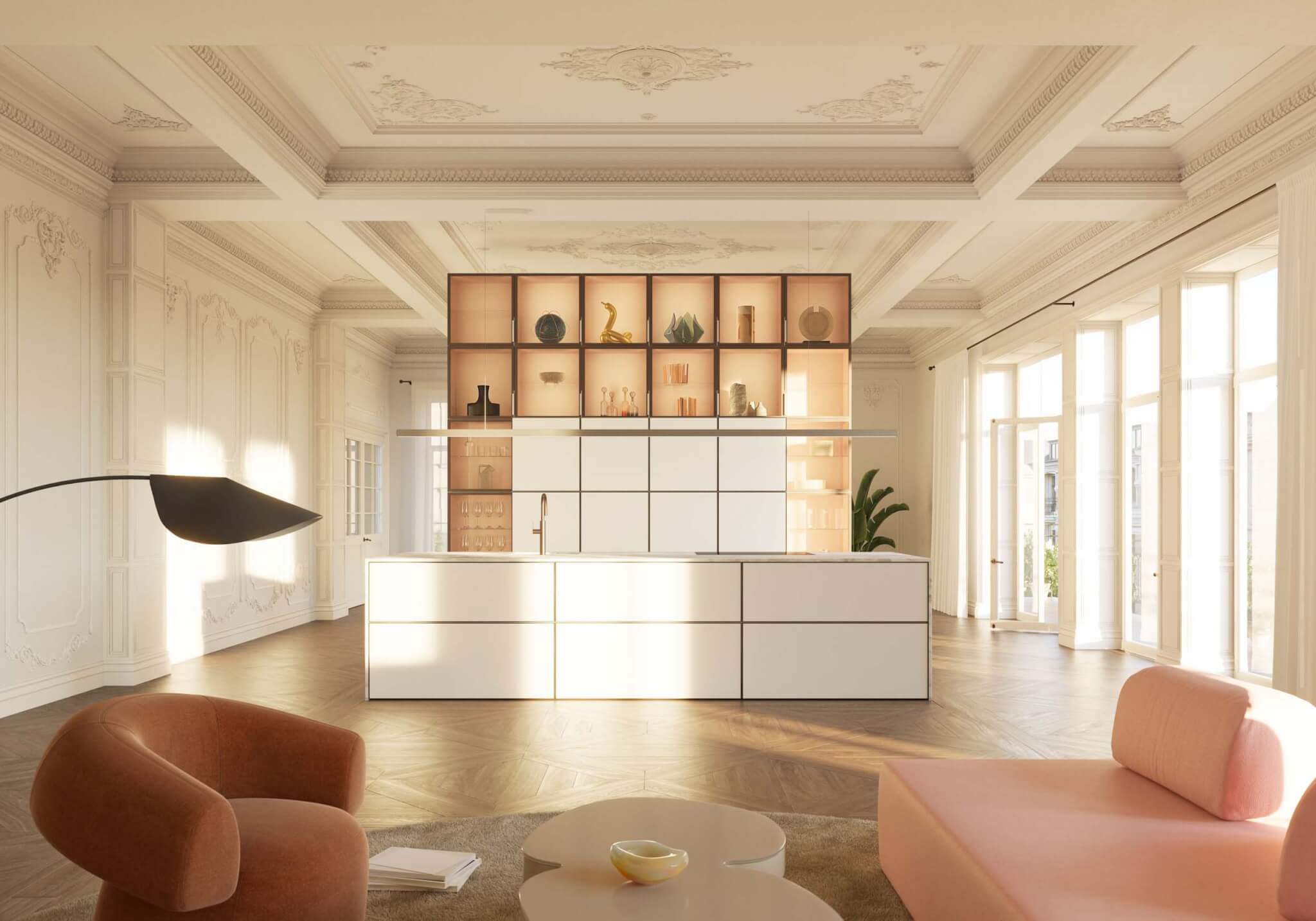 a white counter with cabinet storage in a space with ornate ceiling