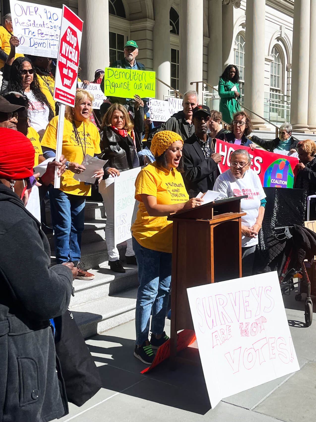 Celines Miranda speaking at protest over Fulton-Elliot 