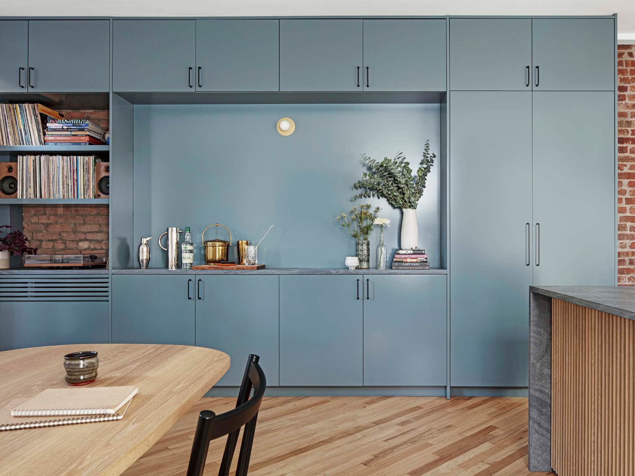 blue cabinets in brooklyn apartment by Kalos Eidos