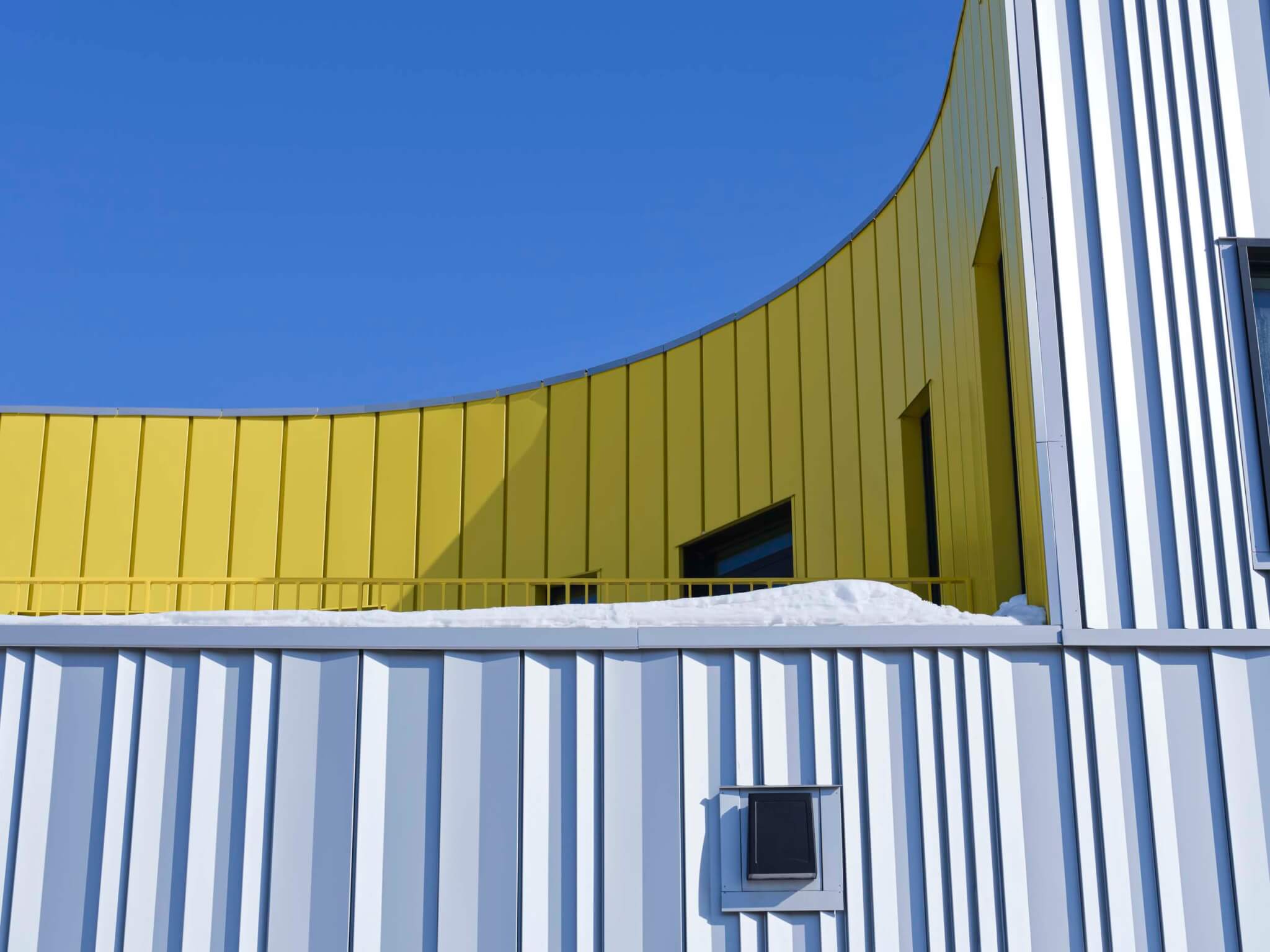 close-up of the facade of the community center