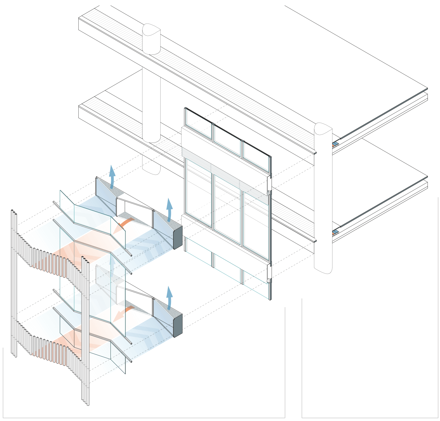 a detailed drawing showing the workings of the double-skin facade