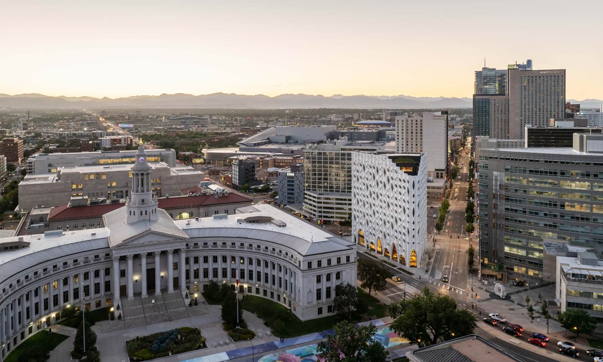 aerial view of the populus hotel in its city center location in Denver