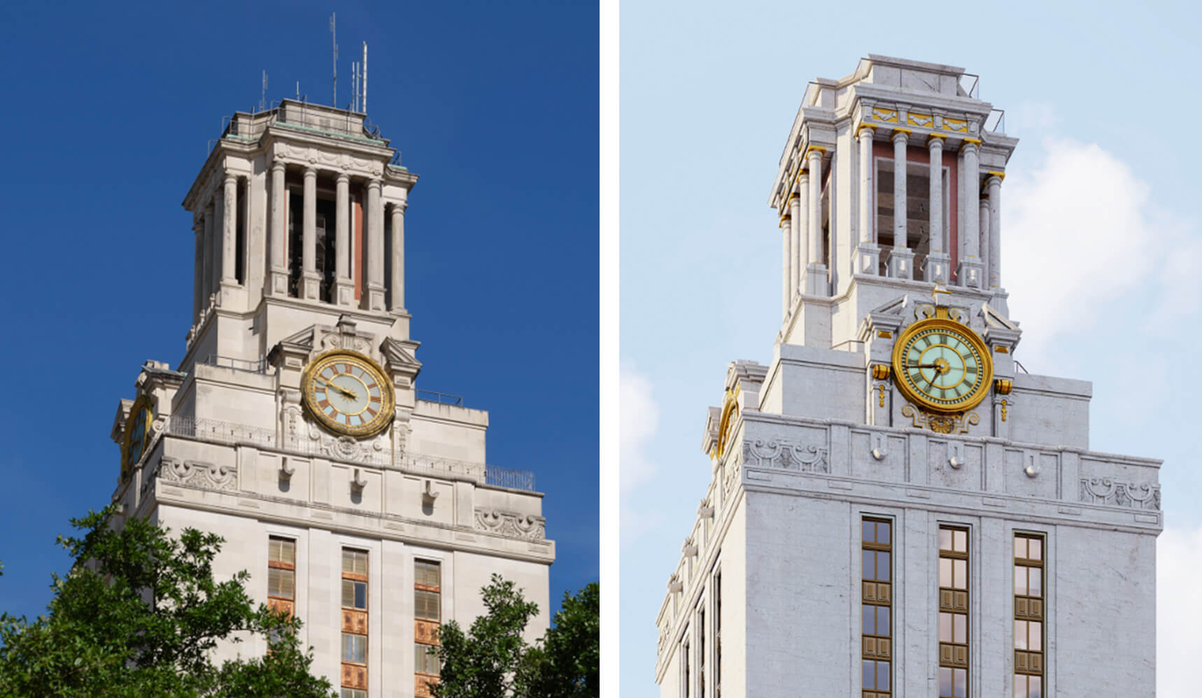 a comparison of the tower today and a rendering of the tower when restoration completed in 2027