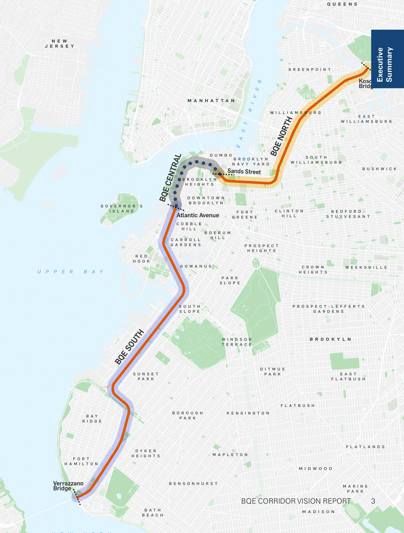 a map showing the three sections of the BQE, South, Central, and North