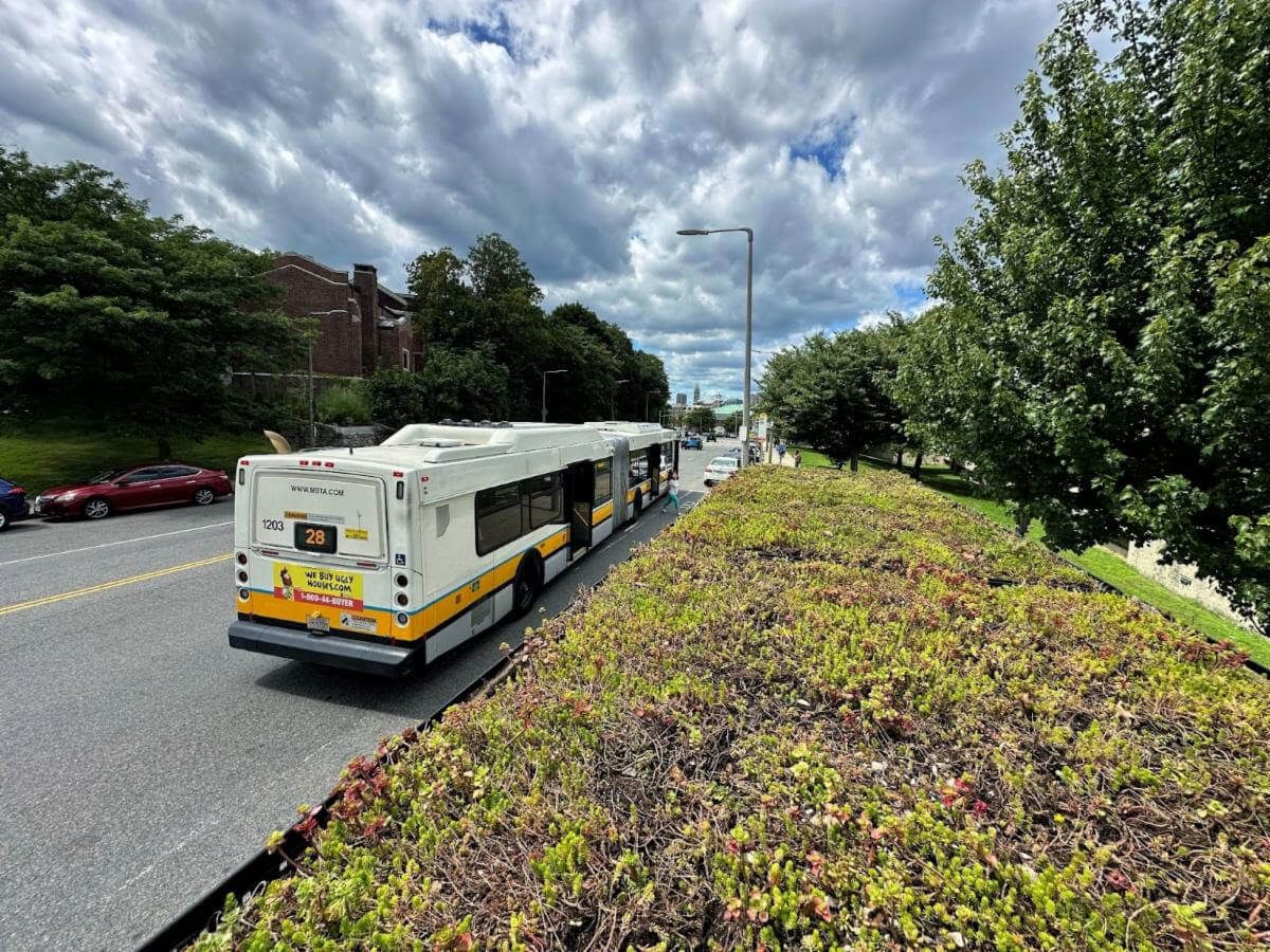 the #28 bus driving past a green roof bus shelter