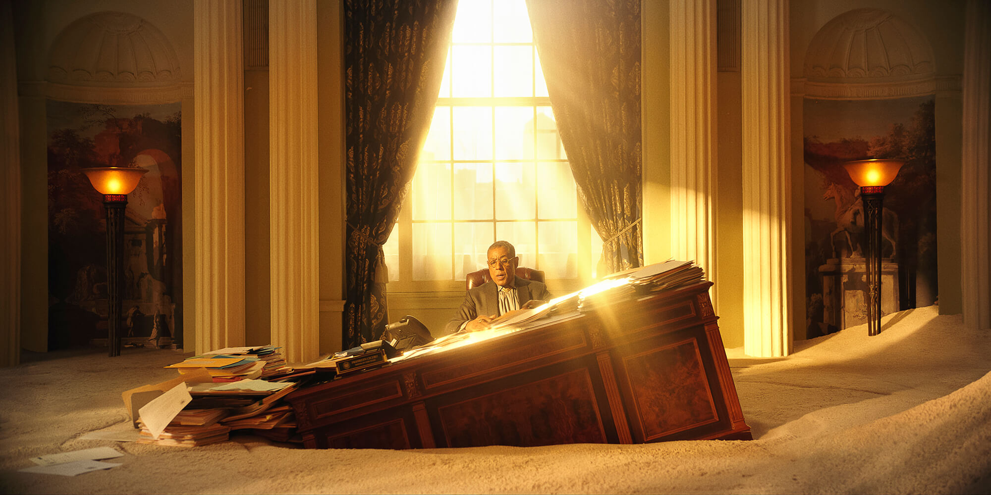 Giancarlo Esposito as Mayor Cicero sitting at a sinking desk