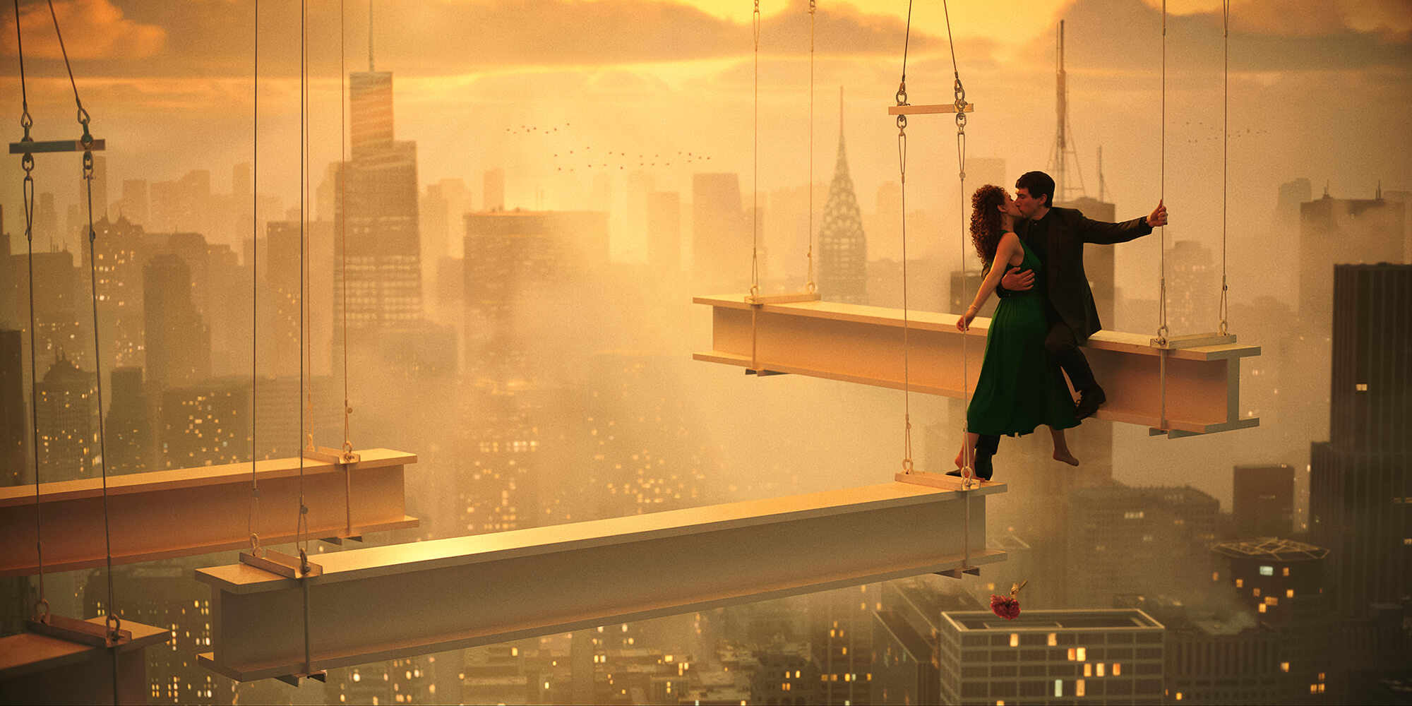 Nathalie Emmanuel and Adam Driver kissing on a beam with city in background from the film Megalopolis 